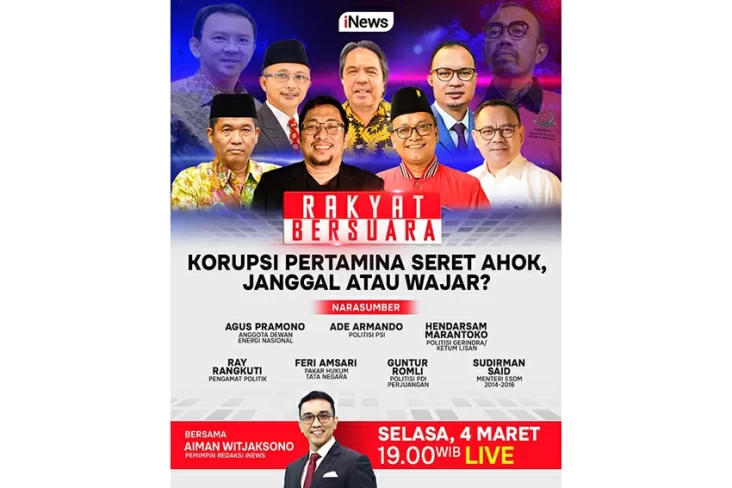 Saksikan Waktu petang Hal ini di Rakyat Bersuara Korupsi Pertamina Seret Ahok, Janggal atau Wajar? sama-sama Aiman Witjaksono, Ray Rangkuti, Feri Amsari, kemudian Narasumber Lainnya, Live pada iNews